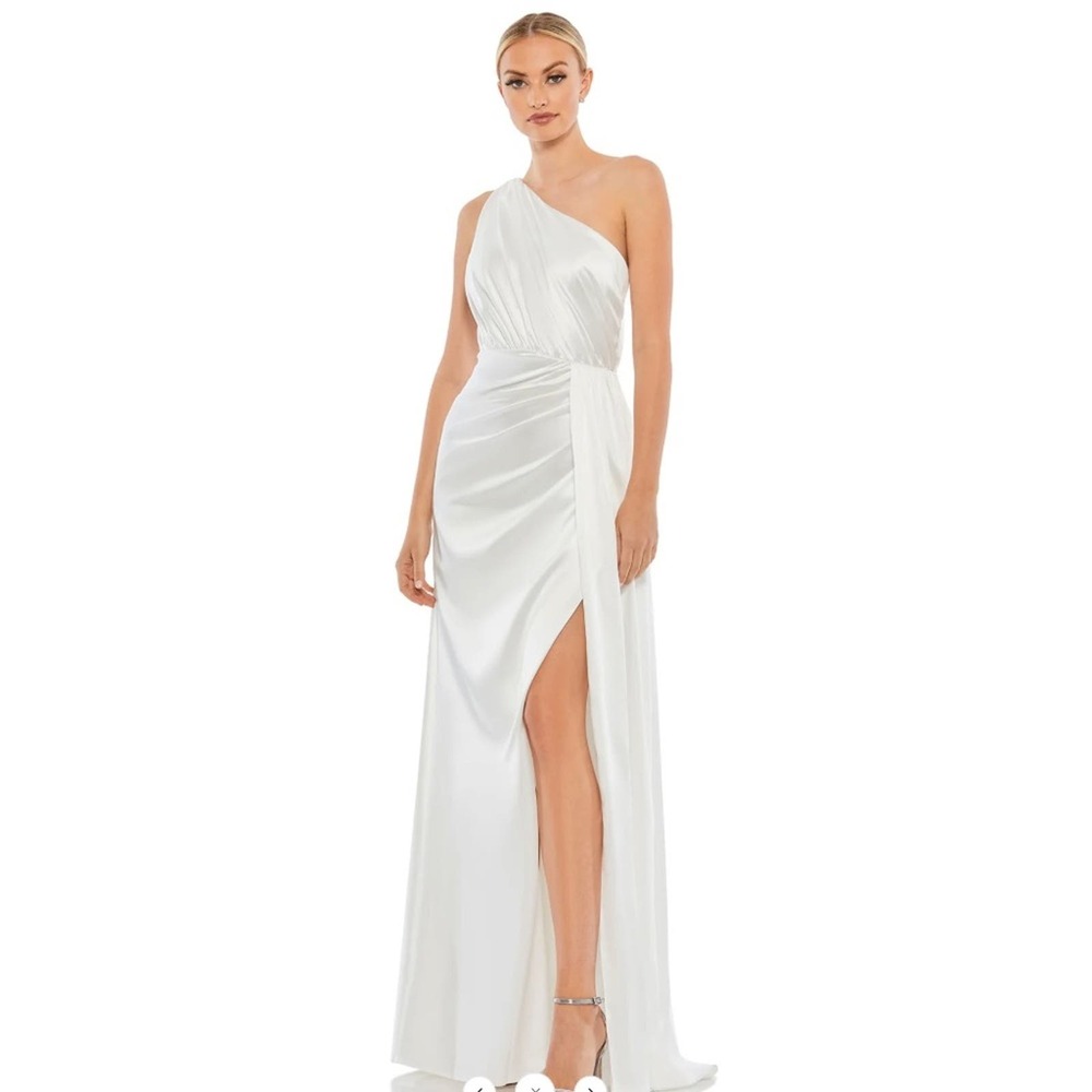 Ieena For Mac Duggal Gathered One Shoulder Satin Faux Wrap Gown